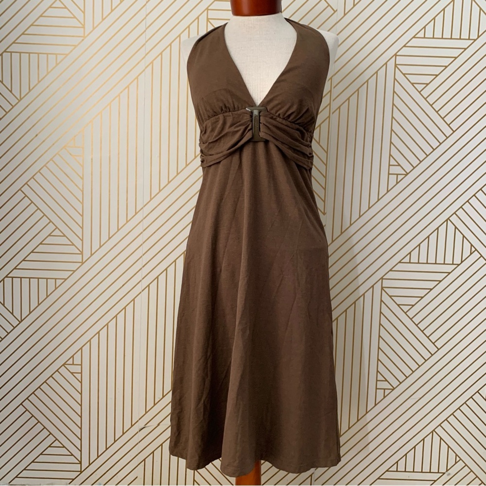 Tommy Bahama cotton blend halter dress brown gathered waist A line built in bra